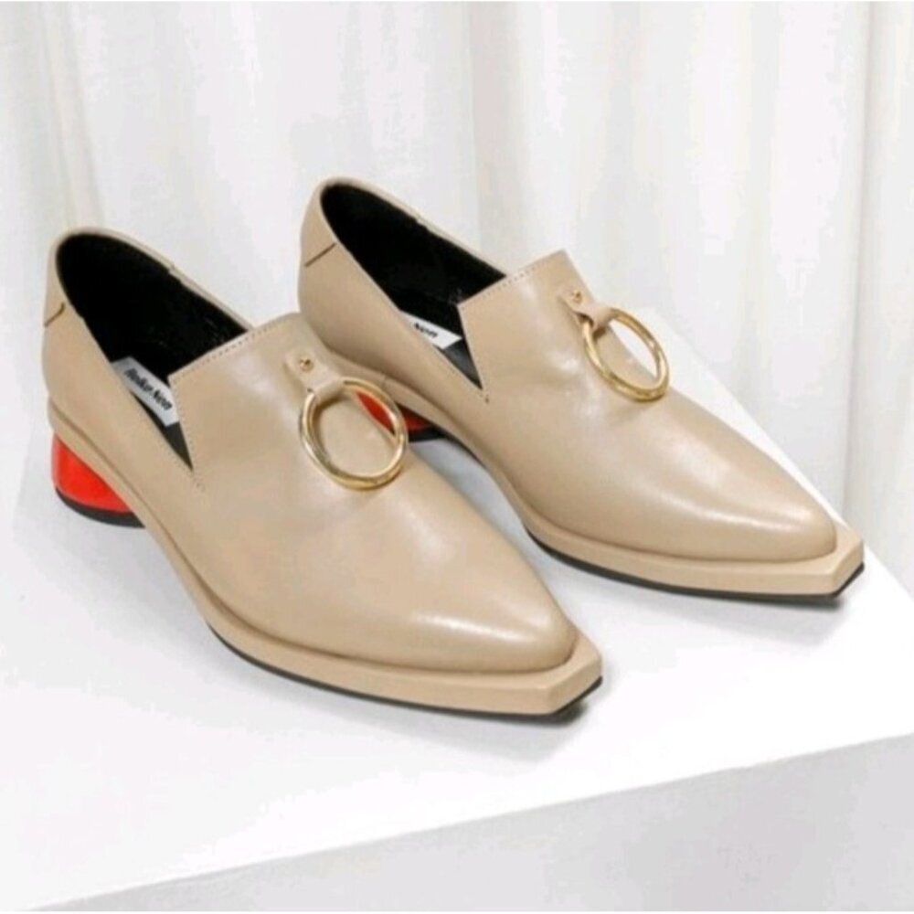 REIKE NEN Ring Detail Square Toe Loafer Leather Red Heel Beige Tan EU 36
